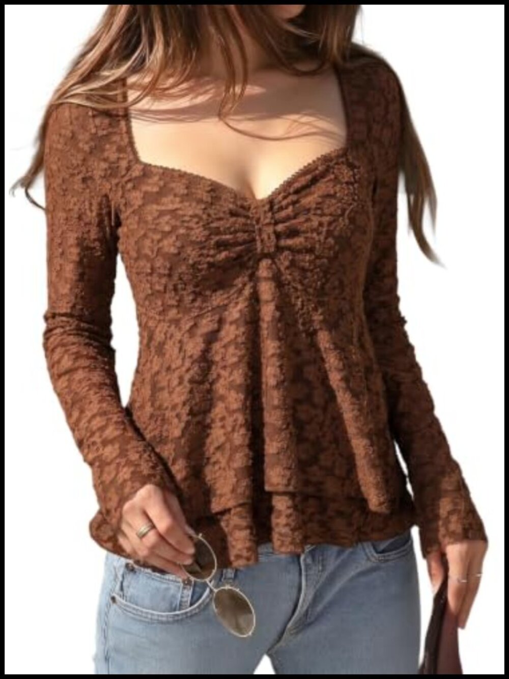 Women's Lace Peplum Top Square Neck Long Sleeve Blouse